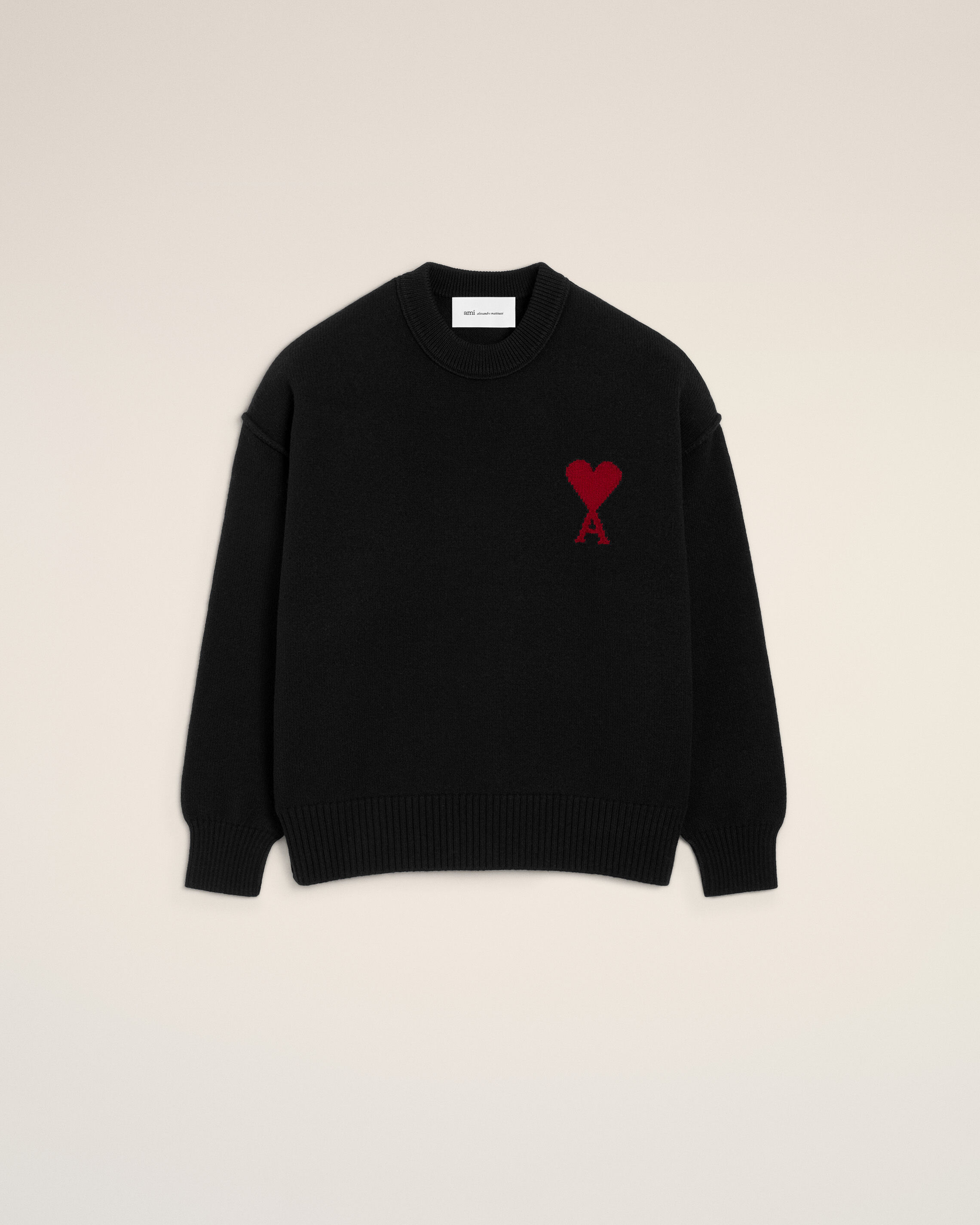 Ami Paris - Black Wool Crewneck Sweater With Contrasted Ami De Coeur Black - Large Mainmaterial:wool,Mainmaterial:wool Unisex