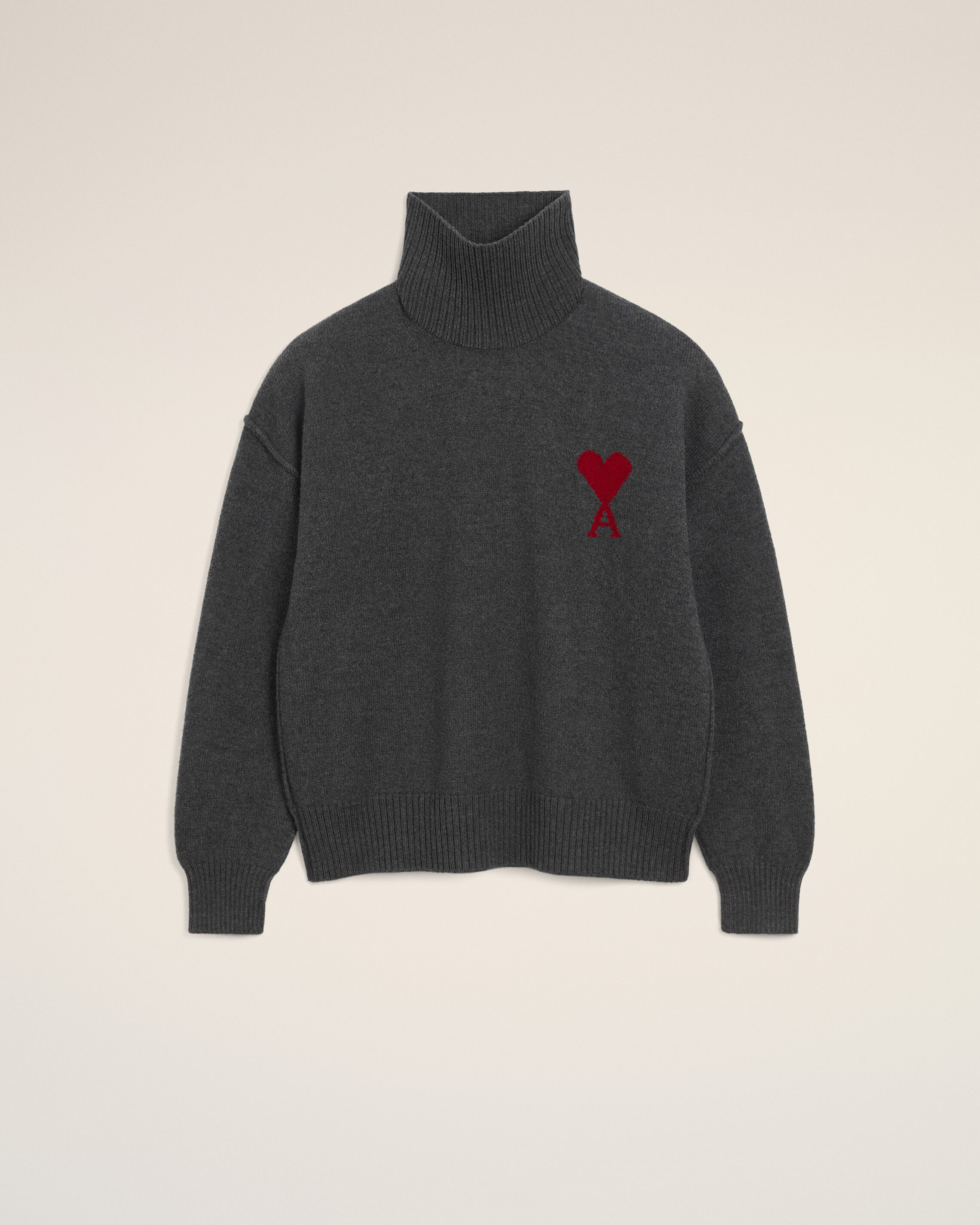 Ami Paris Unisex - Grey Wool Funnel Neck Sweater With Contrasted Ami De Coeur Grey - Xl