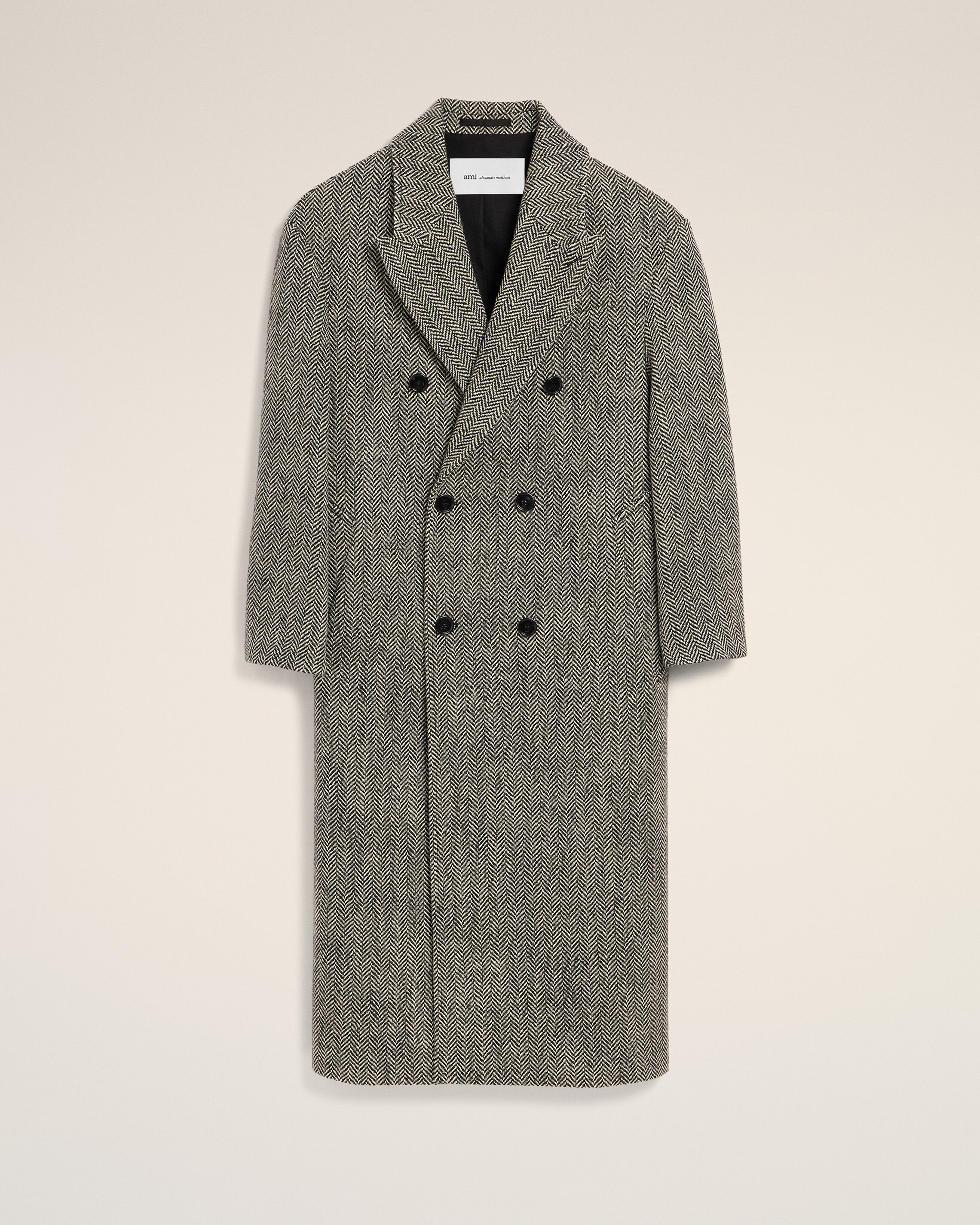 Ami Paris - Long Black Double Breasted Wool Herringbone Coat Black - Size: 52 - For Men