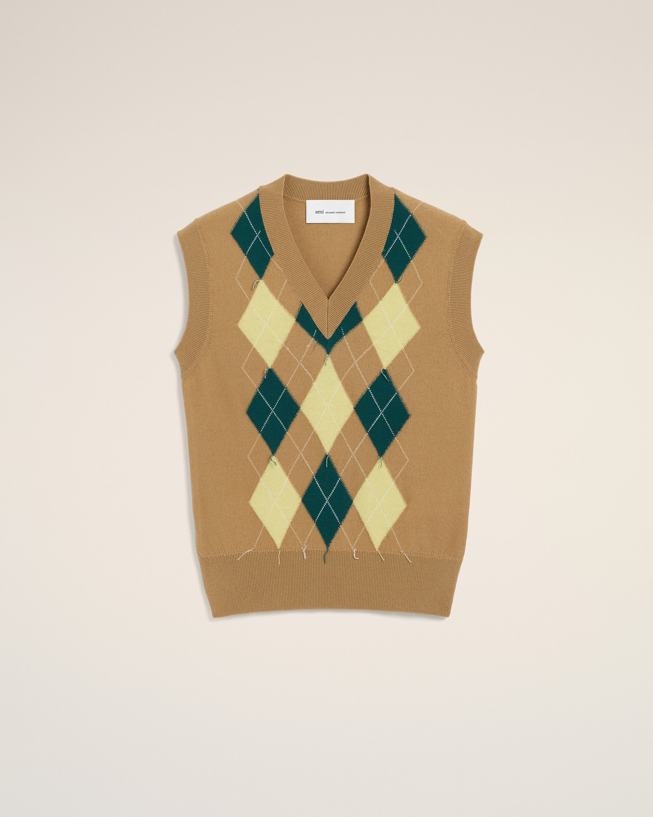 Ami Alexandre Mattiussi Brown Wool And Cotton Argyle Intarsia Sleeveless Sweater Beige