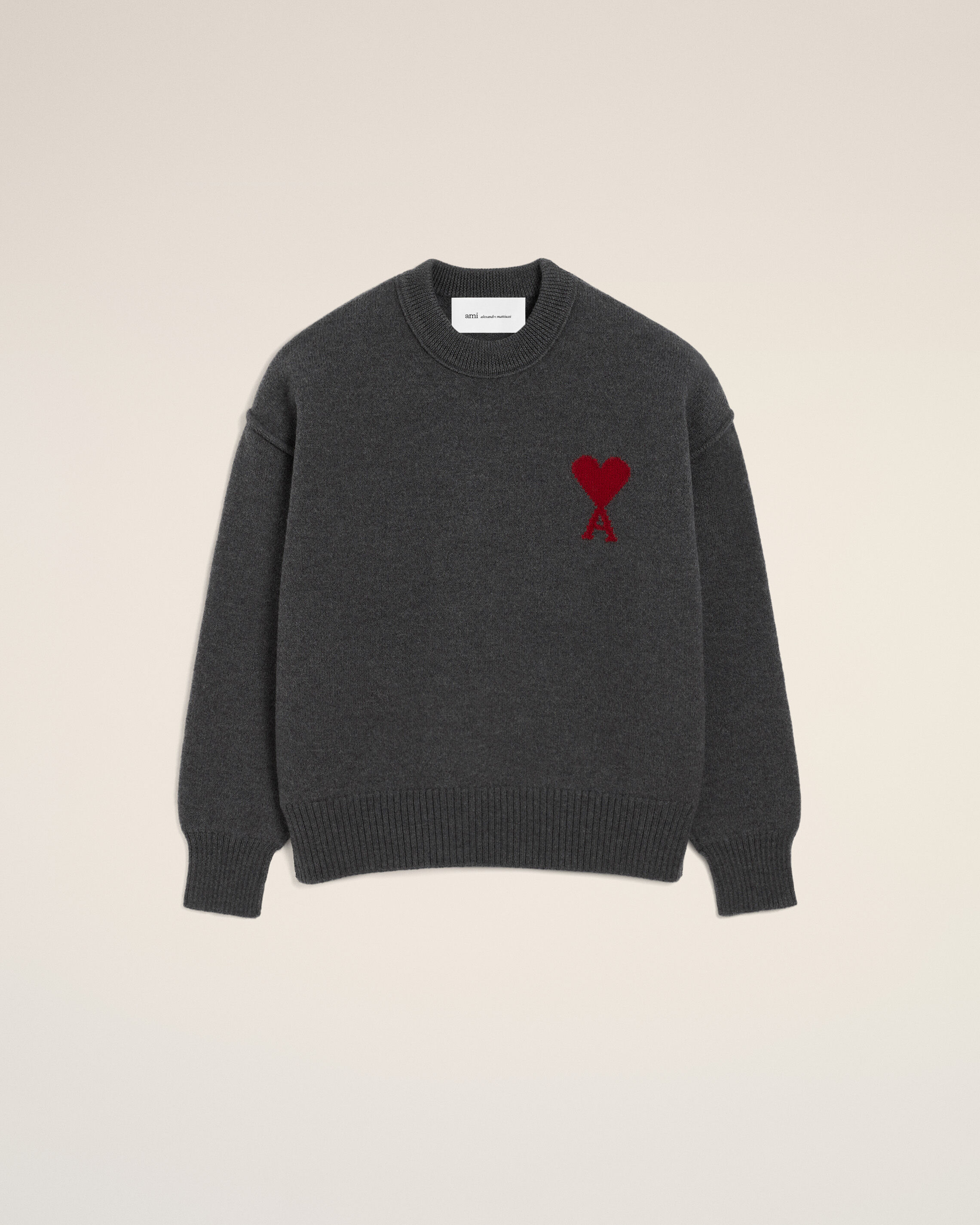 Ami Paris Unisex - Grey Wool Crewneck Sweater With Contrasted Ami De Coeur Grey - S