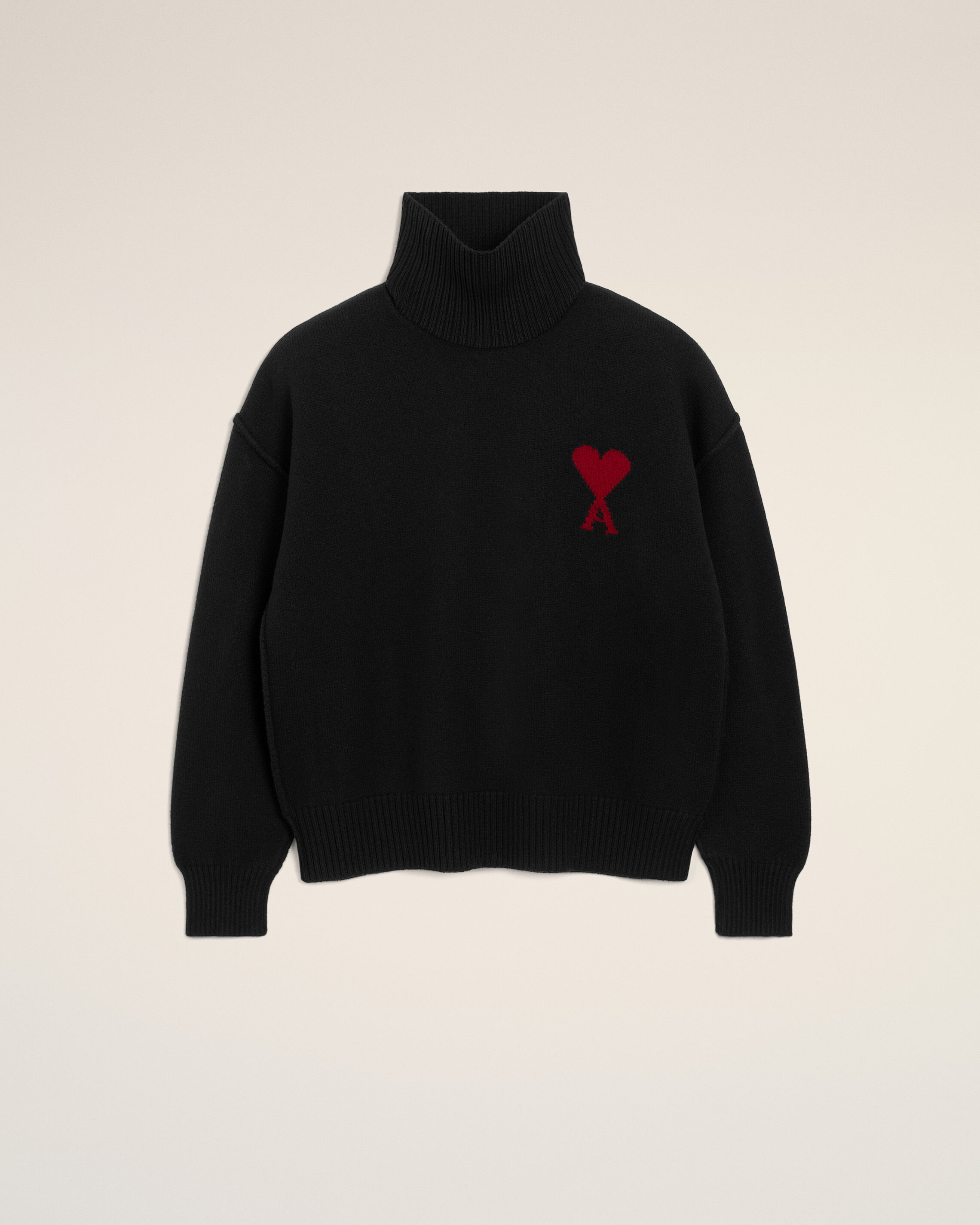 Ami Paris Unisex - Black Wool Funnel Neck Sweater With Contrasted Ami De Coeur Black - L