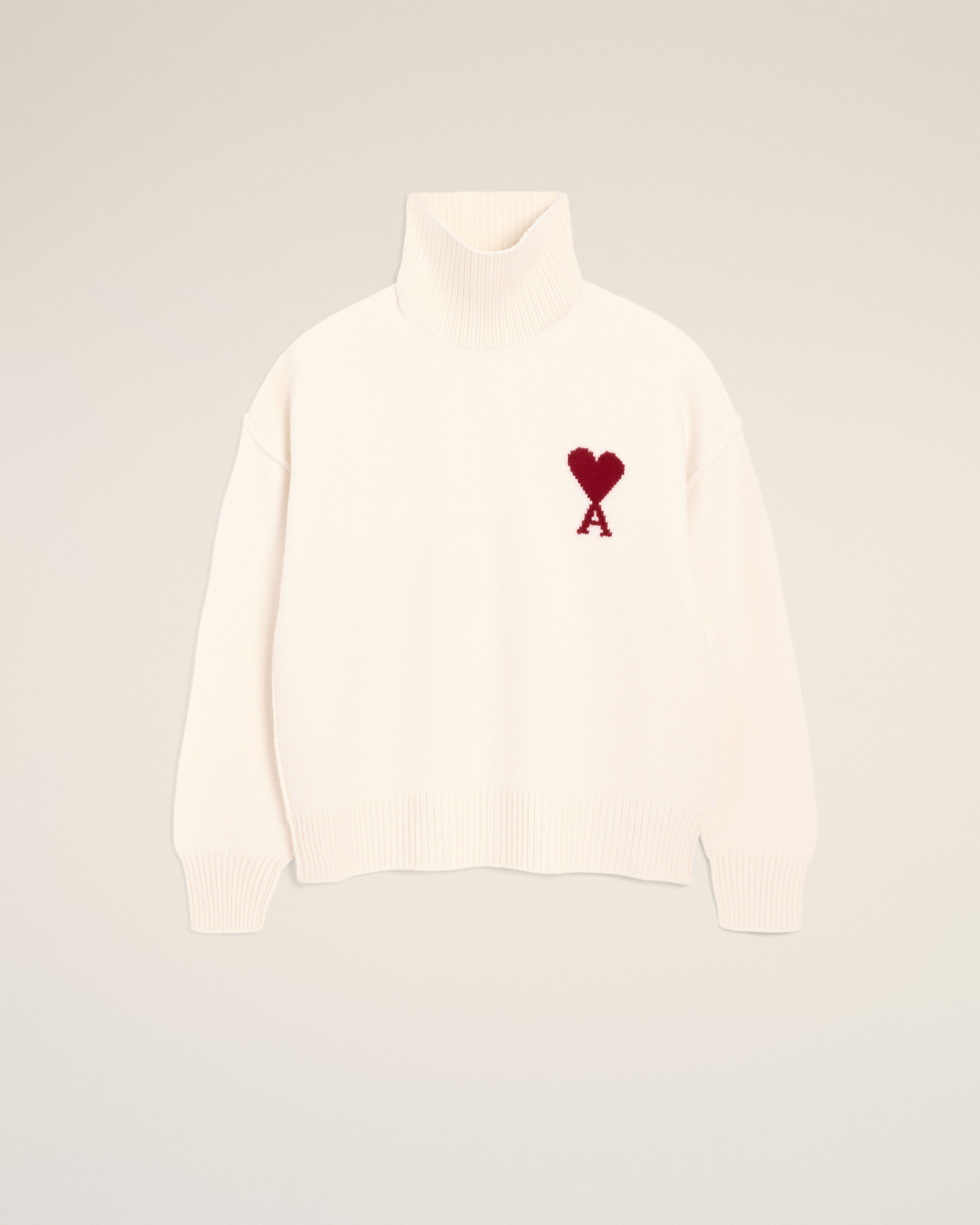 Ami Paris Unisex - Natural Wool Funnel Neck Sweater With Contrasted Ami De Coeur White - L