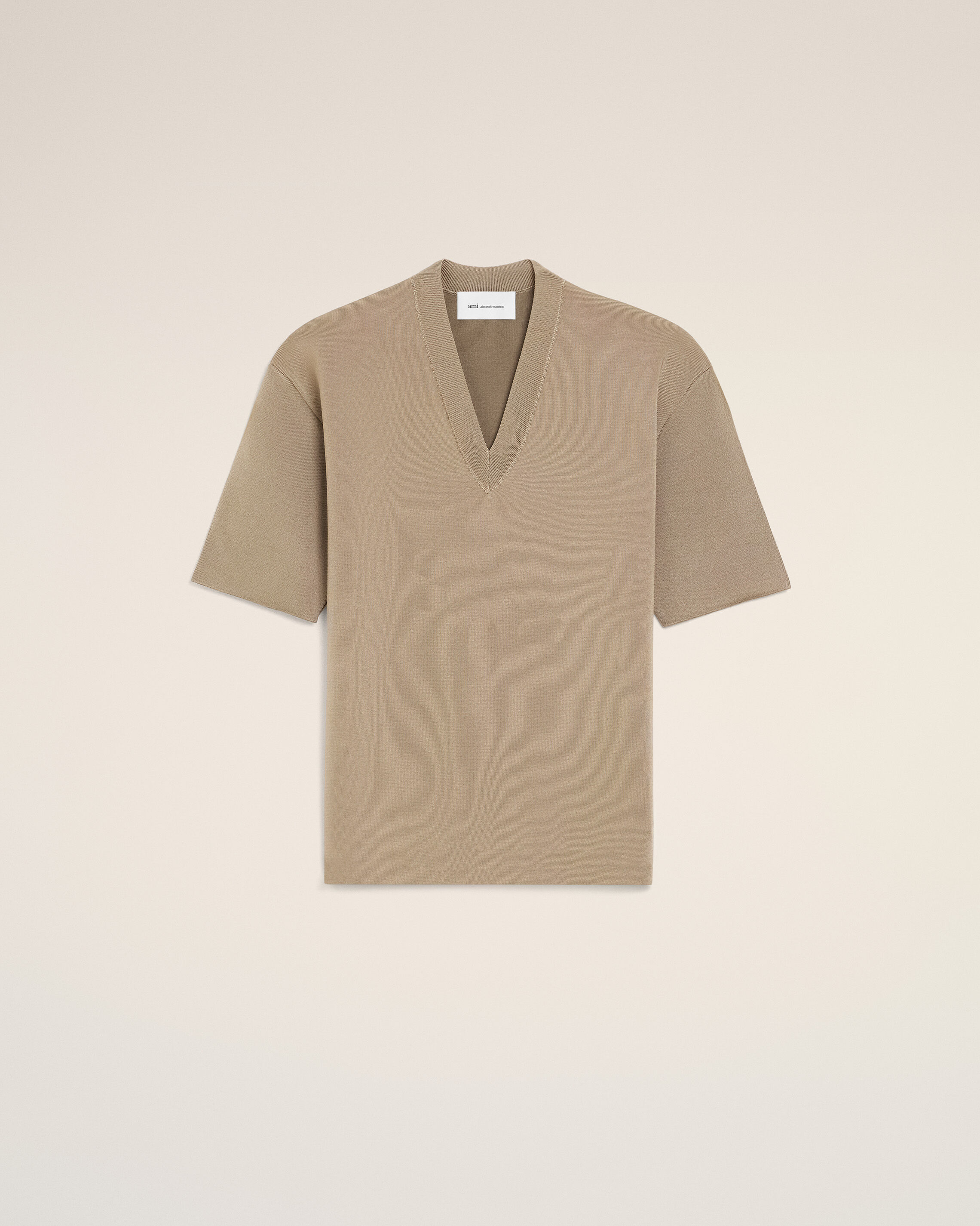 Ami Paris Beige - Wool Short Sleeves V Neck Sweater - M - For Women