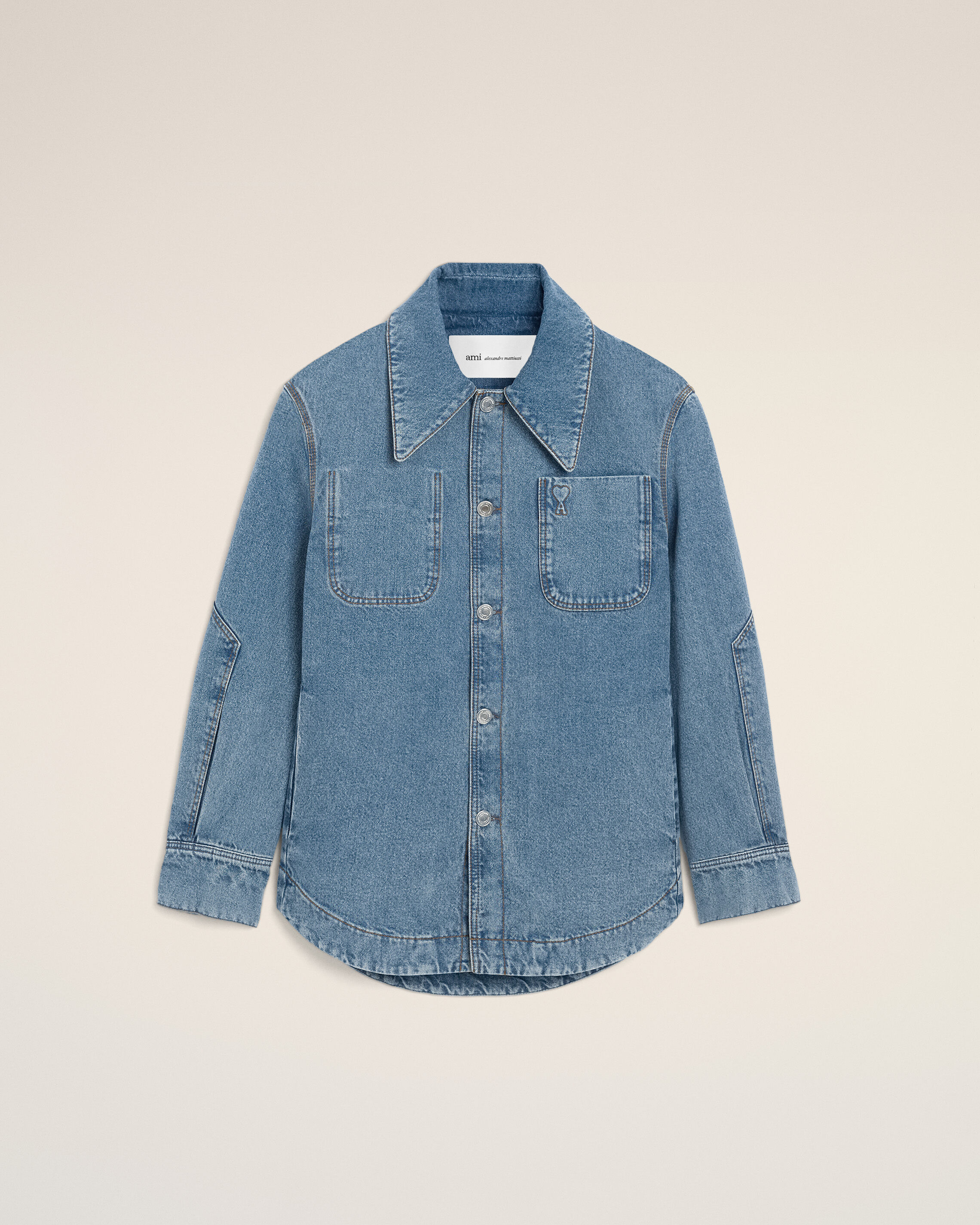 Ami Paris - Blue Cotton Ami De Coeur Worker Overshirt Blue - Extra Small Mainmaterial:cotton,Mainmaterial:cotton Unisex