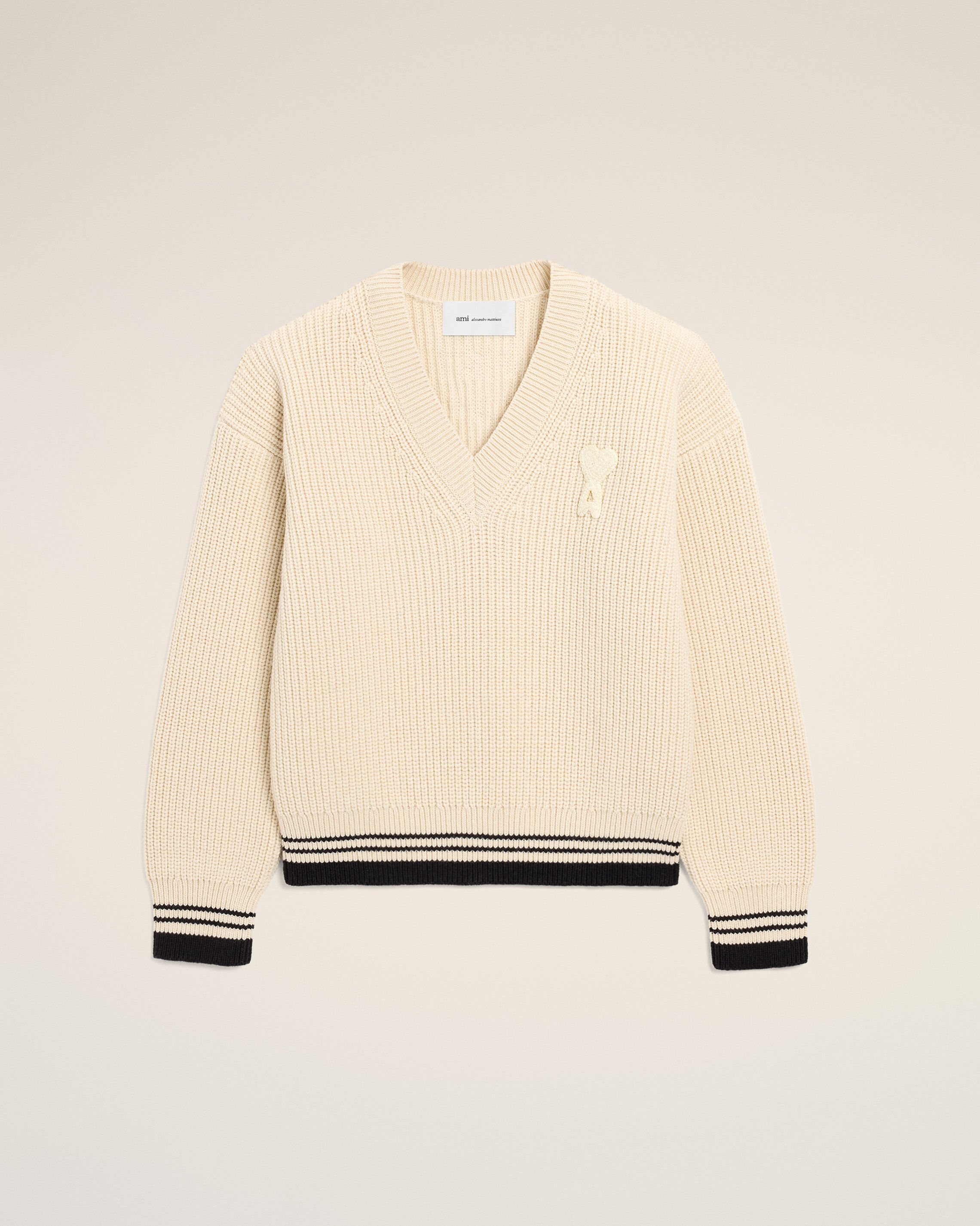 Ami Paris - White Ribbed Wool V Neck Ami De Coeur Sweater White - Small Mainmaterial:wool/Cotton,Mainmaterial:wool/Cotton Unisex