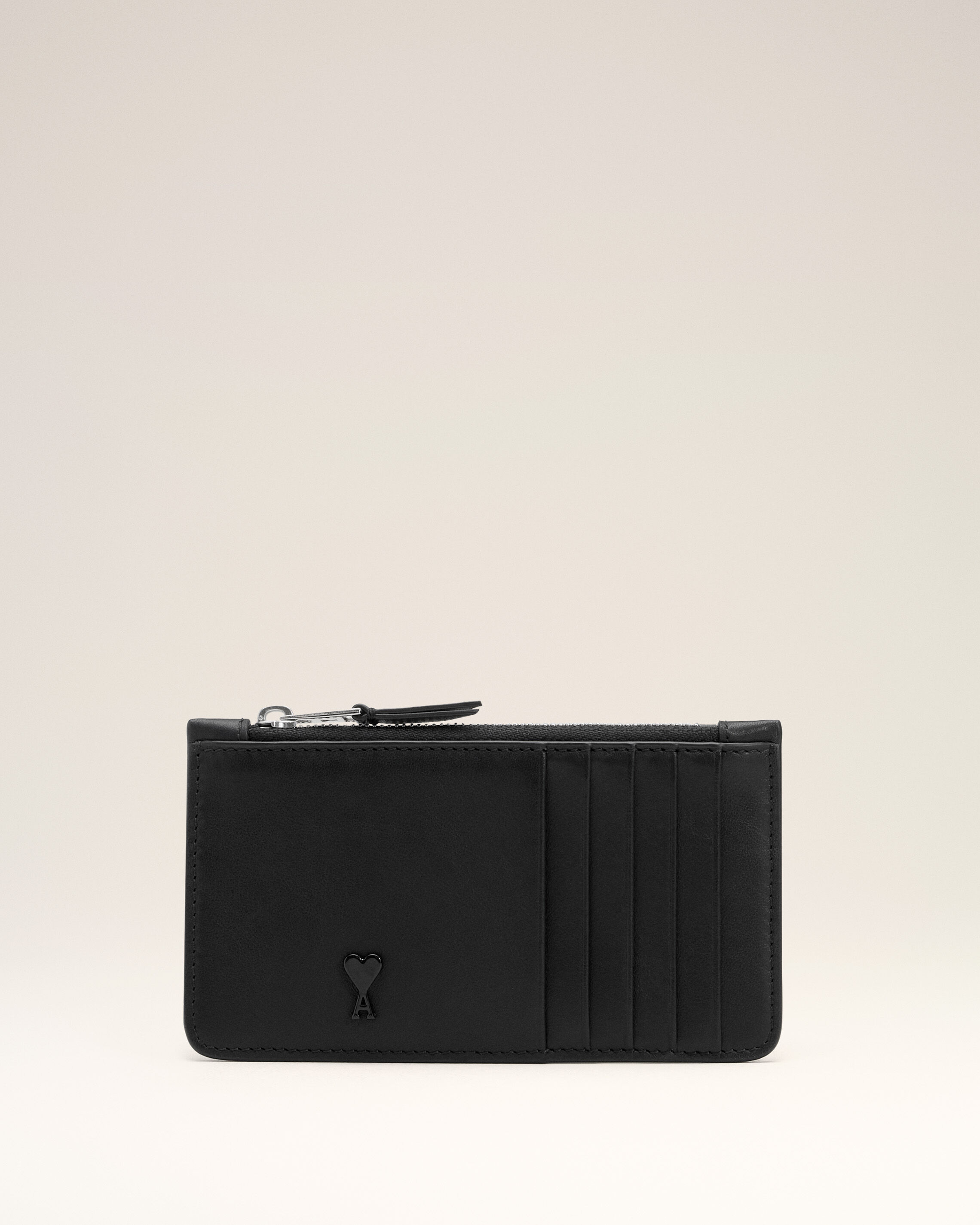 Ami Paris Unisex - Black Cowhide Leather Ami De Coeur Zipped Card Holder Black - Os