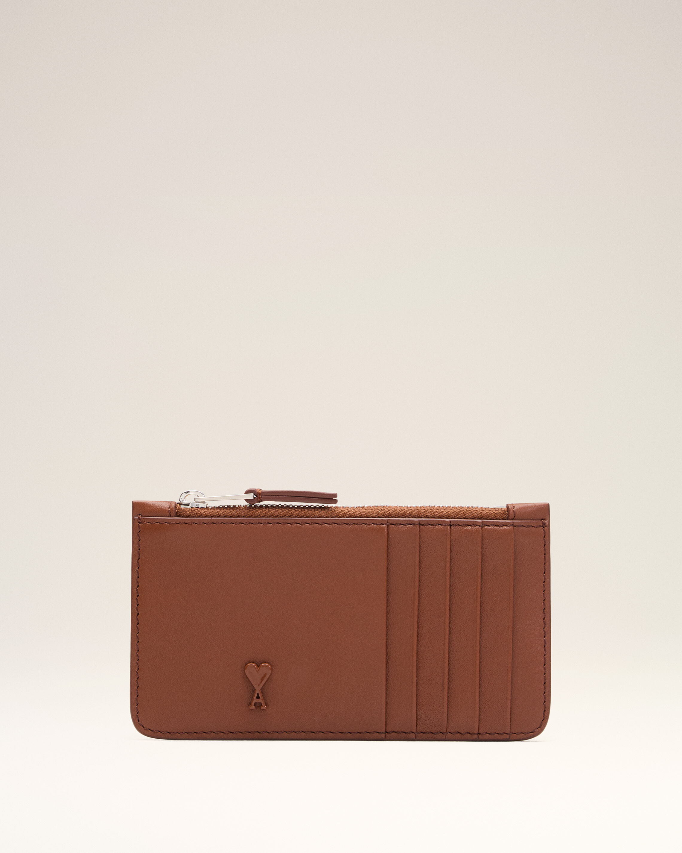 Ami Paris Unisex - Brown Cowhide Leather Ami De Coeur Zipped Card Holder Brown - Os